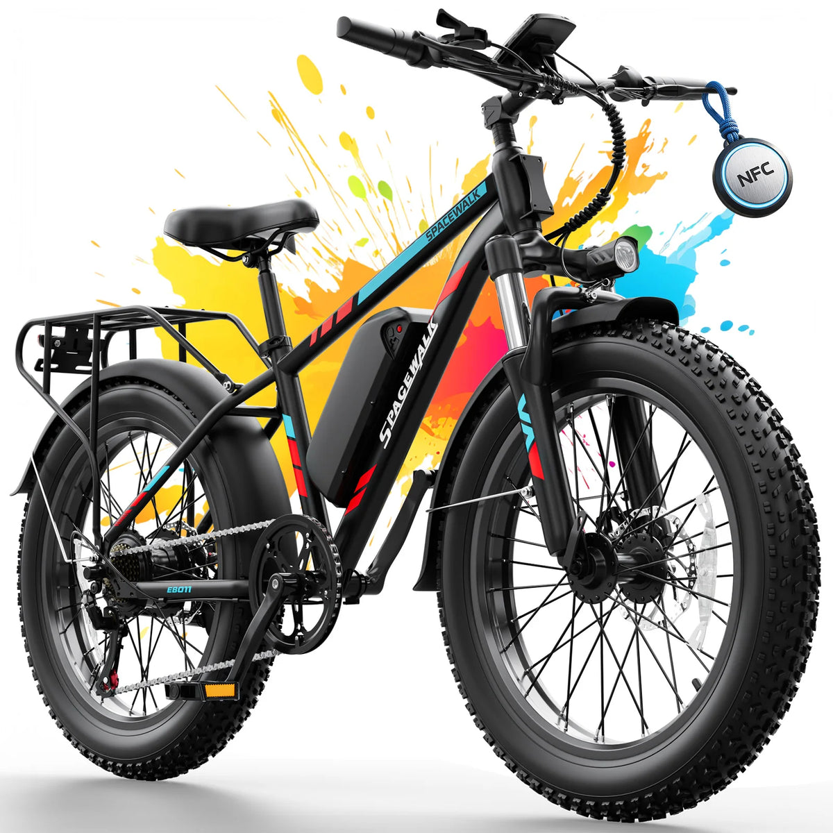 Spacewalk 1500W Peak Motor Electric Bike for Adults 26"x4.0 Fat Tire E-Bike, 48V 15Ah Removable Battery, 28MPH Fast Speed, 60 Miles Range, NFC Unlock, Front Suspension, 7-Speed Mountain Ebike with Rear Rack