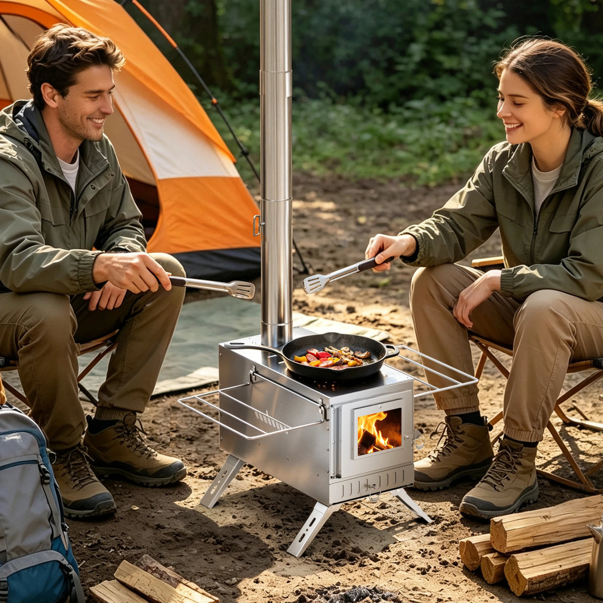 Unho 40cm Hot Tent Stove, Portable Stainless Steel Wood Burning Stove with 6 Chimney Pipes & Glass Window for Ice Fishing