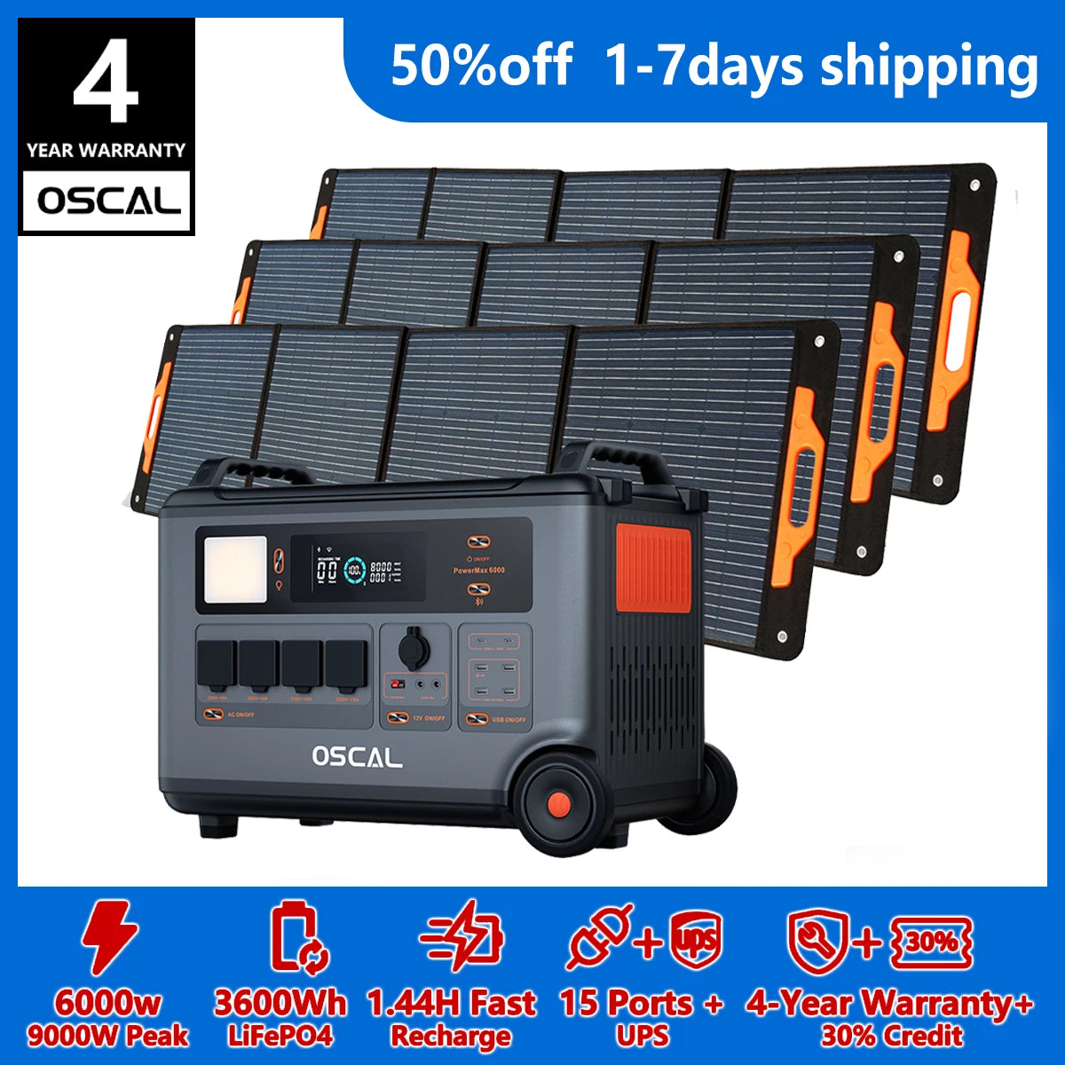 OSCAL PowerMax 6000 Whole Home Solar Generator, 3600Wh LiFePO4 | 6000W (9000W Surge) | 1.96 H Charge | DC/AC Bi-Directional Inverter | for Home Emergency, Outdoor Camping，Hurricane Backup