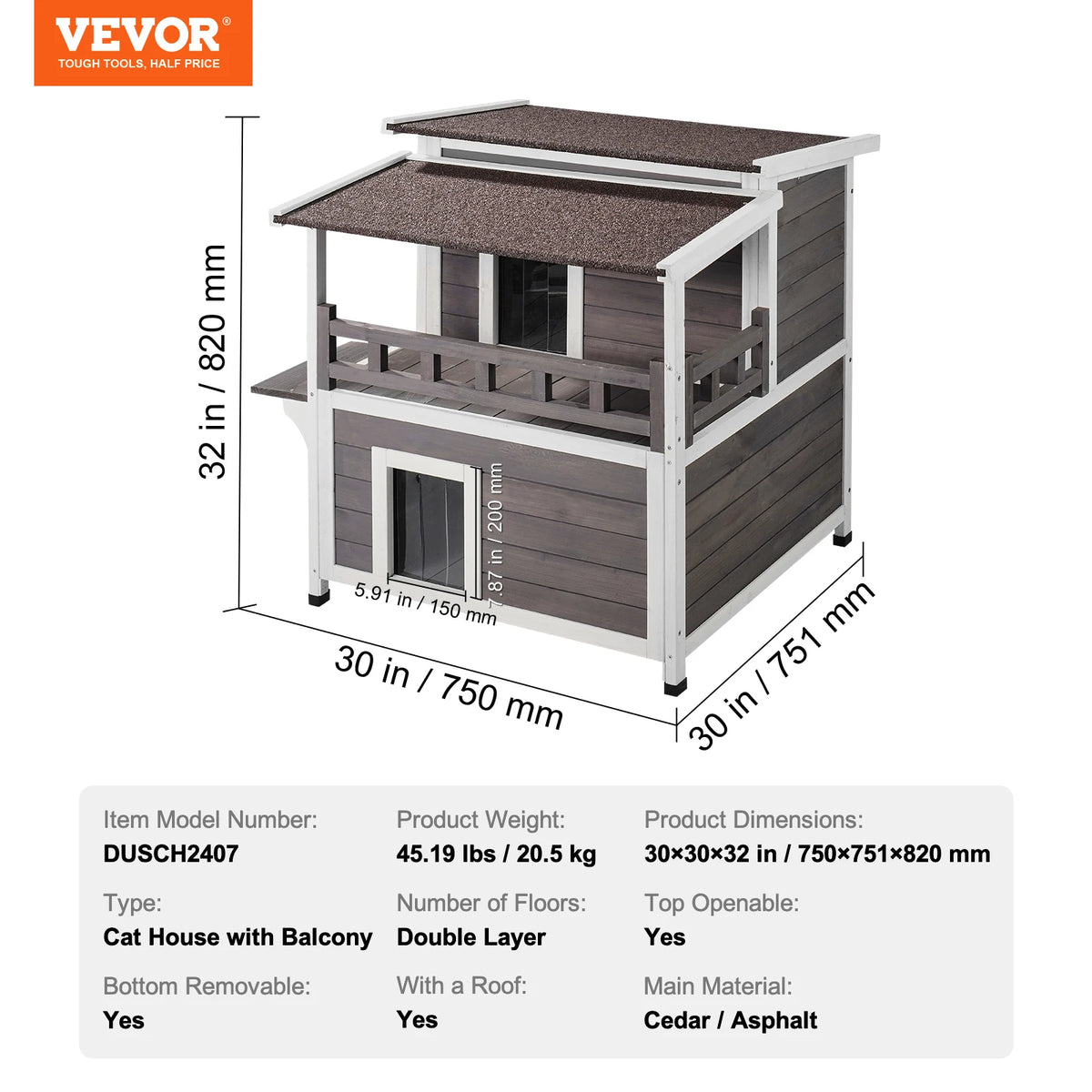 VEVOR Outdoor Cat House Weatherproof Feral Cat Shelter 2-story Large Outdoor Wooden Cat House with Balcony Door and Open Roof