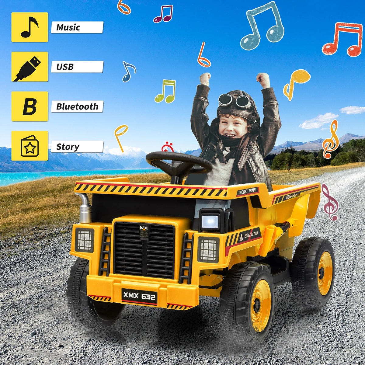12V Kids Ride-On Dump Truck, Electric Construction Vehicle, Remote Control, Dump Bed & Shovel, Led Lights, Wireless Music, 4-Wheeler Toy, 66Lbs Capacity, 30W Dual Motors, for Ages 3-8, Yellow/Pink