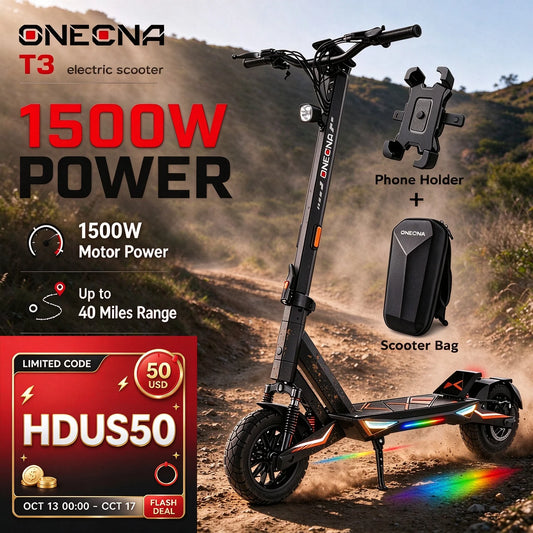 ONECNA T3PRO T3  Electric Scooter 32MPH,1500W 1000W Fast E-Scooter for Adults and Teens,10 Inch Off-Road Tires, Portable and Foldable Long Range Escooter Commuter RGB