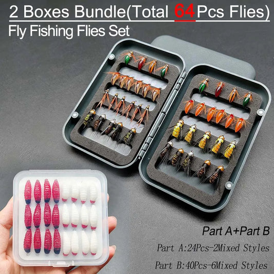 Fly Fishing Flies Kit, 2Boxes Bundle(Total 64Pcs Flies) Dry and Wet Flies, Nymphs, for Trout Bass Salmon with Flies Box