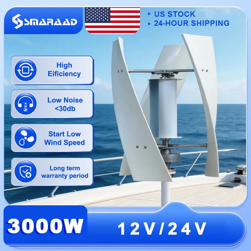 US Delivery of 3000W VerticalWind Turbine 12V/24V Low-Noise Household 220V With Free Charging Controller