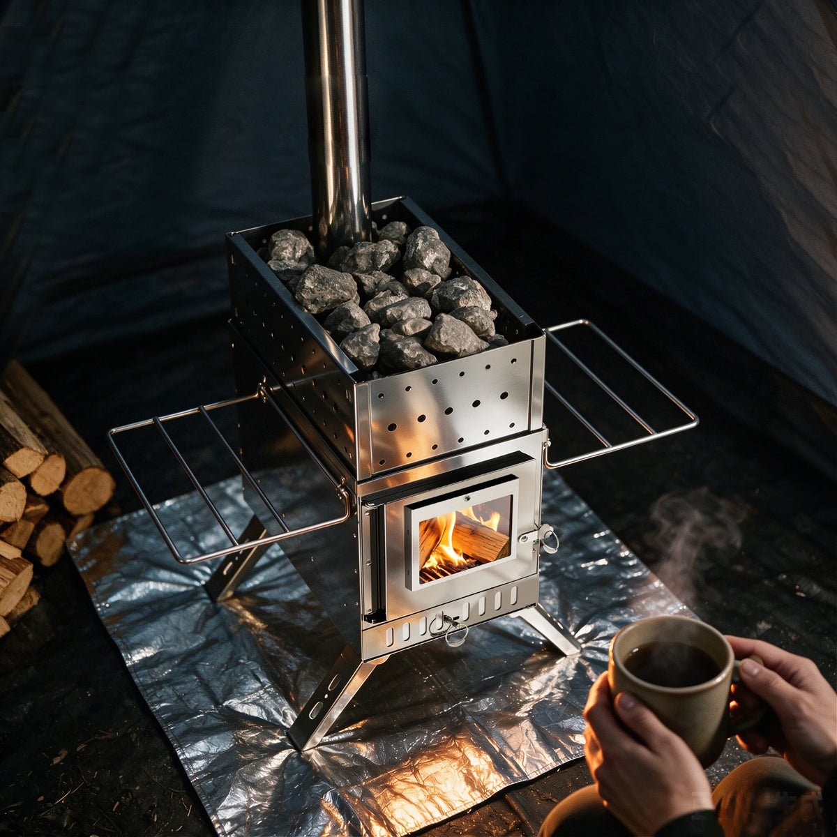 Unho 40cm Hot Tent Stove, Portable Stainless Steel Wood Burning Stove with 6 Chimney Pipes & Glass Window for Ice Fishing