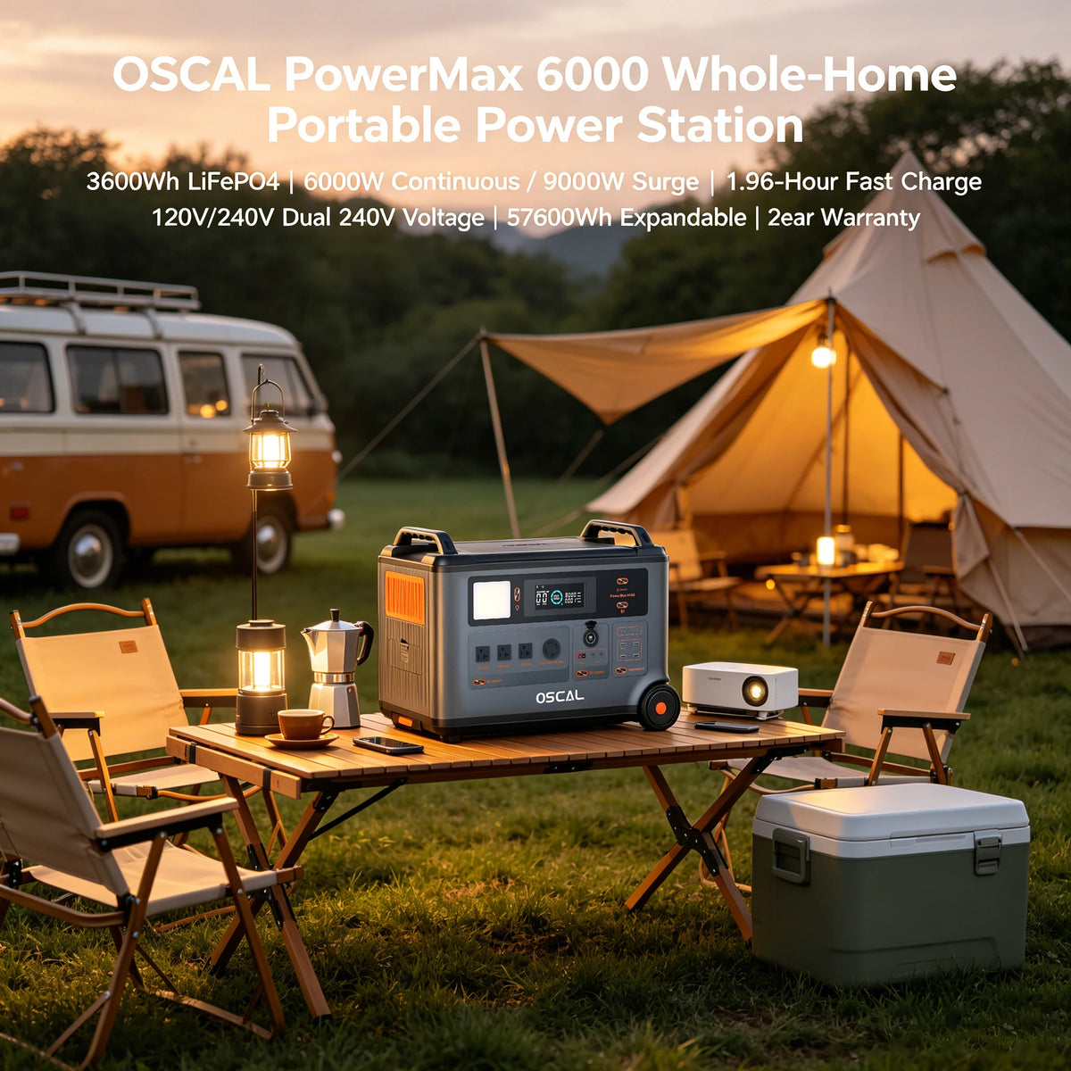 OSCAL PowerMax 6000 Whole Home Solar Generator, 3600Wh LiFePO4 | 6000W (9000W Surge) | 1.96 H Charge | DC/AC Bi-Directional Inverter | for Home Emergency, Outdoor Camping，Hurricane Backup
