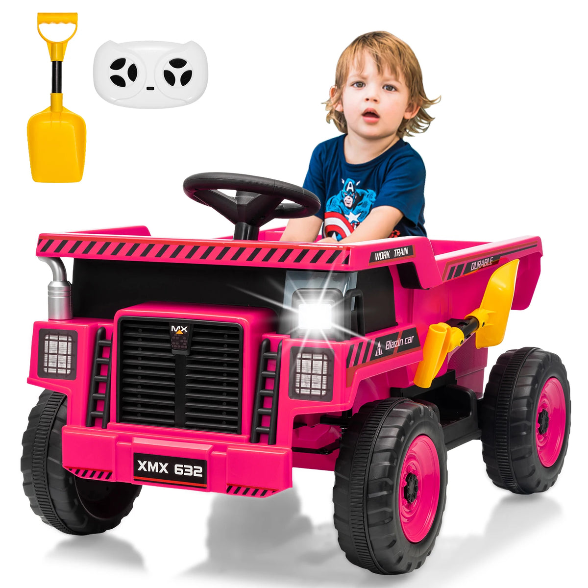 12V Kids Ride-On Dump Truck, Electric Construction Vehicle, Remote Control, Dump Bed & Shovel, Led Lights, Wireless Music, 4-Wheeler Toy, 66Lbs Capacity, 30W Dual Motors, for Ages 3-8, Yellow/Pink