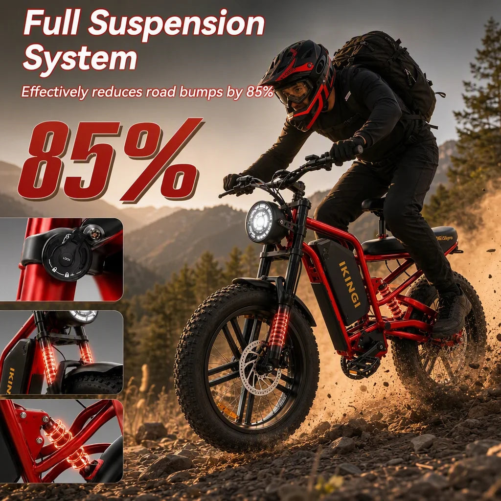 IKINGI S6pro 1000W Peak Electric Moped E-Bike | 48V 15Ah Lockable Battery, Full Suspension & 16x4" Fat Tires | 7-Speed All-Terrain Off-Road Electric Bicycle with LCD & IP65 Waterproof
