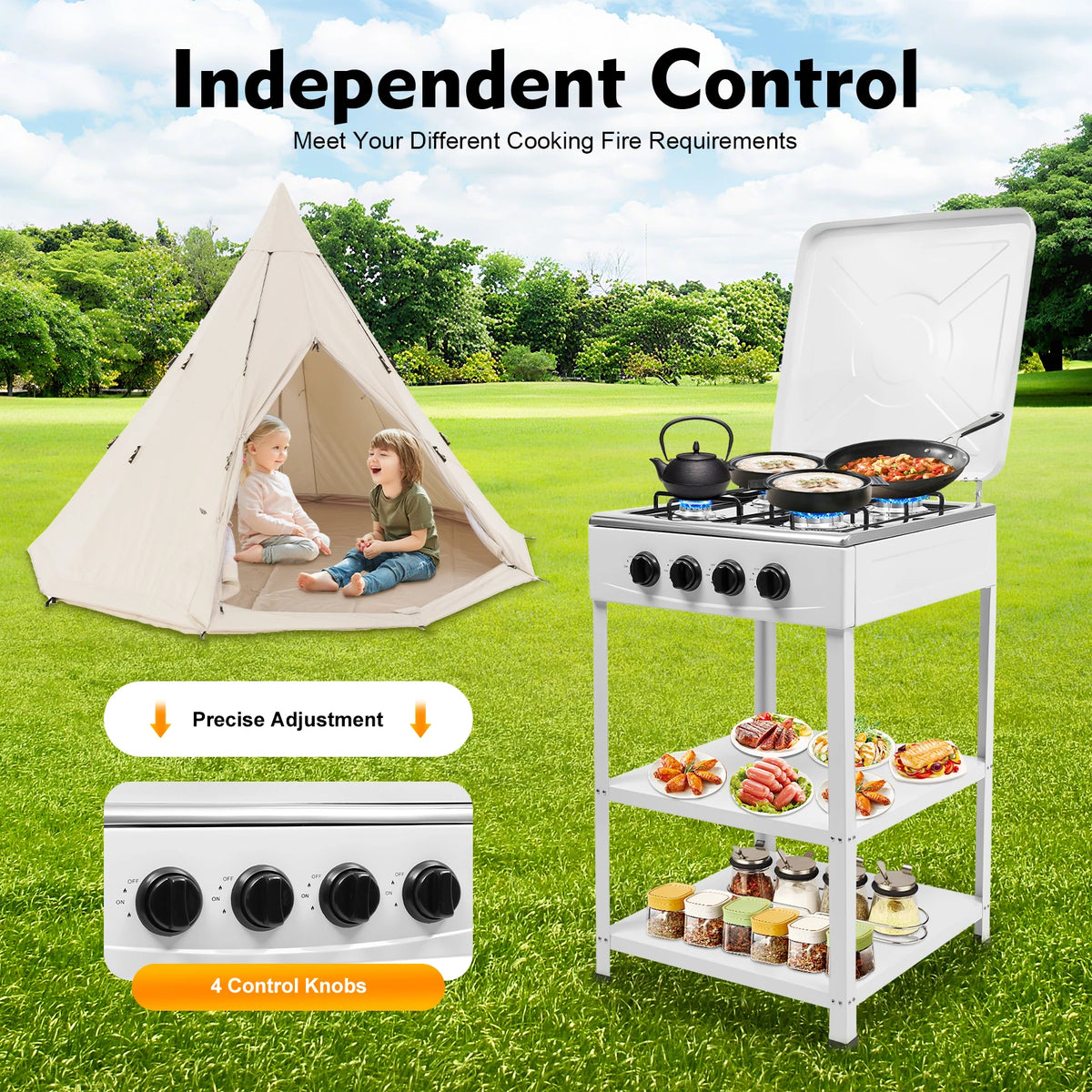 4 Burner Gas Stove Portable Outdoor Stove W/ Wind Blocking Cover Ng/Lpg Gas Stove White with 2 Storage Shelves 19.3*19.3*31.1in