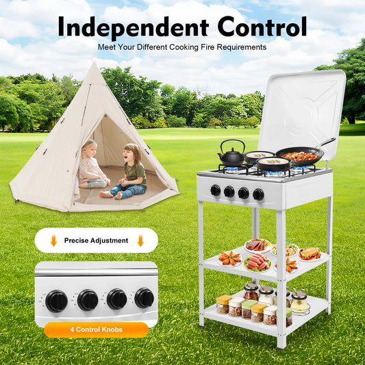 4 Burner Gas Stove Portable Outdoor Stove W/ Wind Blocking Cover Ng/Lpg Gas Stove White with 2 Storage Shelves 19.3*19.3*31.1in