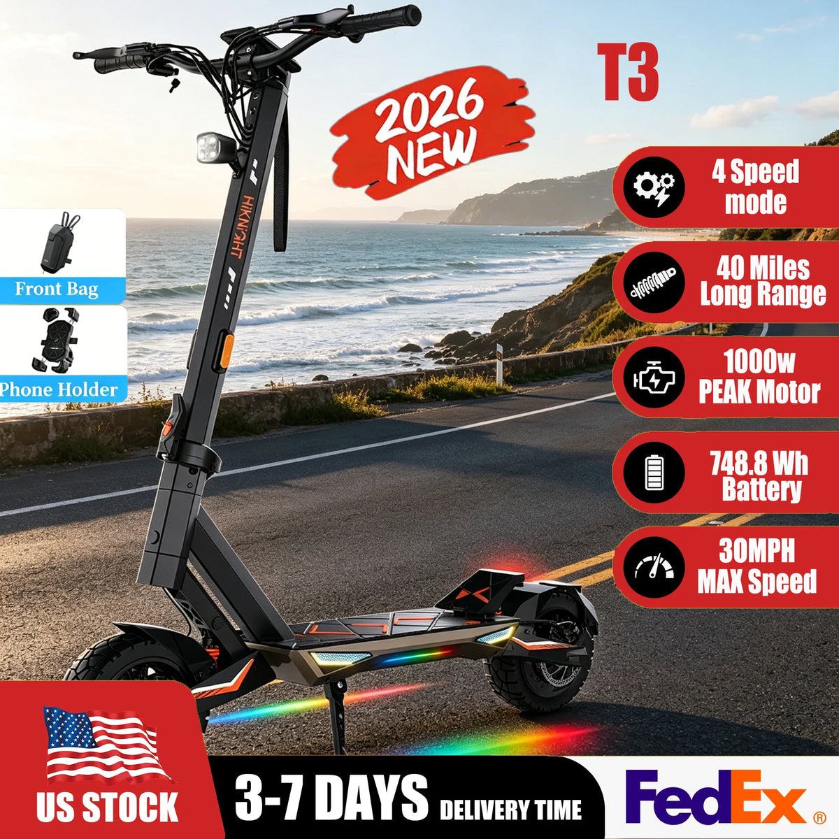 ONECNA T3PRO T3  Electric Scooter 32MPH,1500W 1000W Fast E-Scooter for Adults and Teens,10 Inch Off-Road Tires, Portable and Foldable Long Range Escooter Commuter RGB