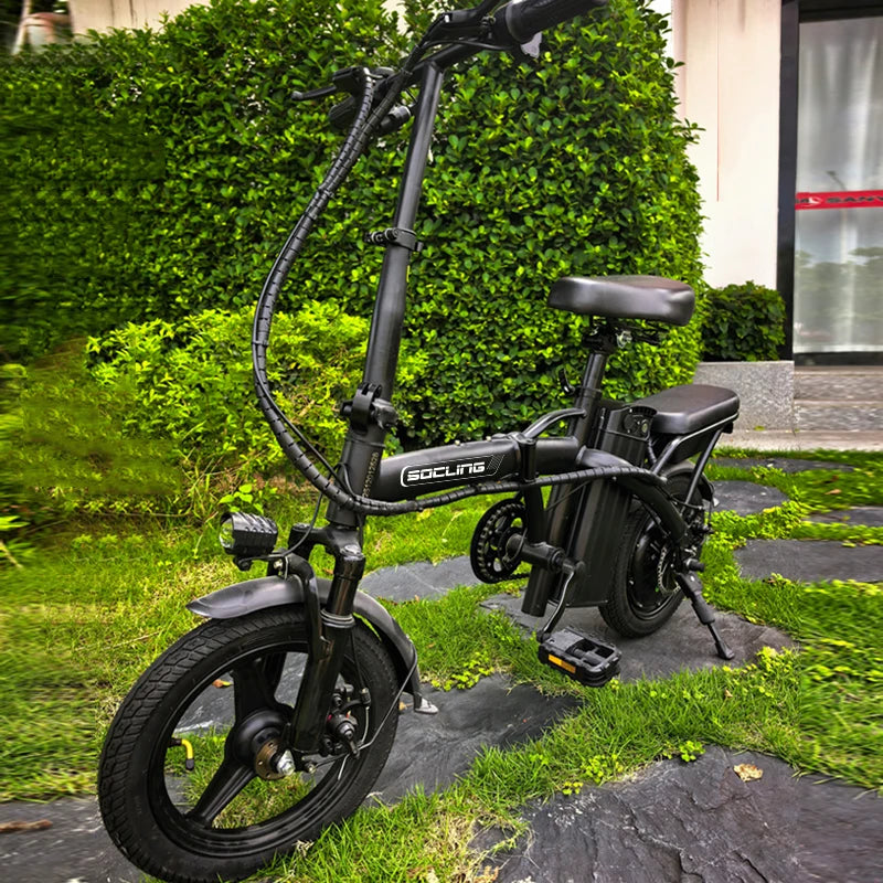 Black E-Bike, Foldable Ebike, 500W Motor, Detachable Battery,Max Load 330LBS, 19.9MPH Top Speed, 14*2 All-Terrain Tires，Bright Headlight 3-Riding Modes 6-Hour Charging Time, City Commuter Bike, Front Shock Absorptions/Full