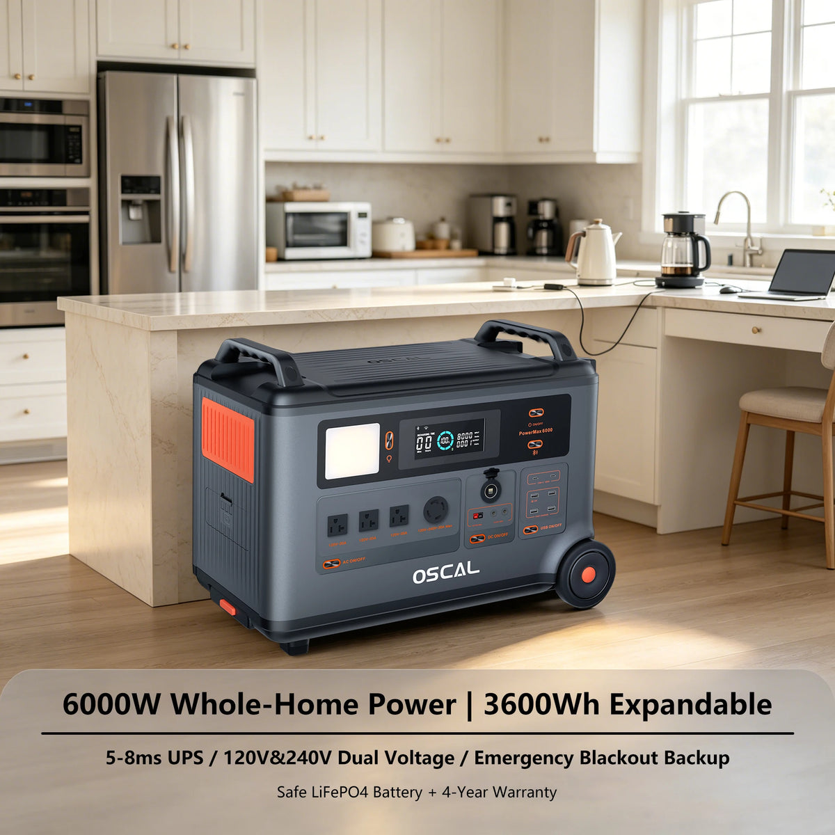 OSCAL PowerMax 6000 Whole Home Solar Generator, 3600Wh LiFePO4 | 6000W (9000W Surge) | 1.96 H Charge | DC/AC Bi-Directional Inverter | for Home Emergency, Outdoor Camping，Hurricane Backup