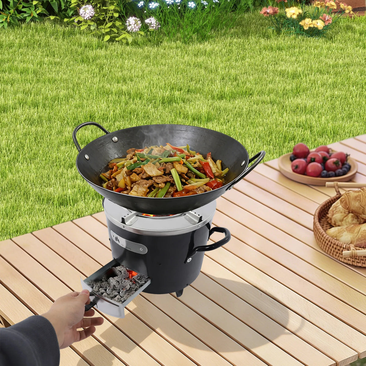 Outdoor Camping Charcoal Stove, Portable Stainless Steel Wood Stove with Removable Ash Tray for BBQ Hiking Backpacking