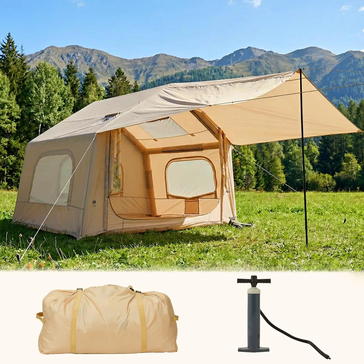 Spacious Inflatable Camping Tent for 6 People - Quick Setup with Skylight and Canopy - Durable Outdoor Shelter - Large 8 Square Size