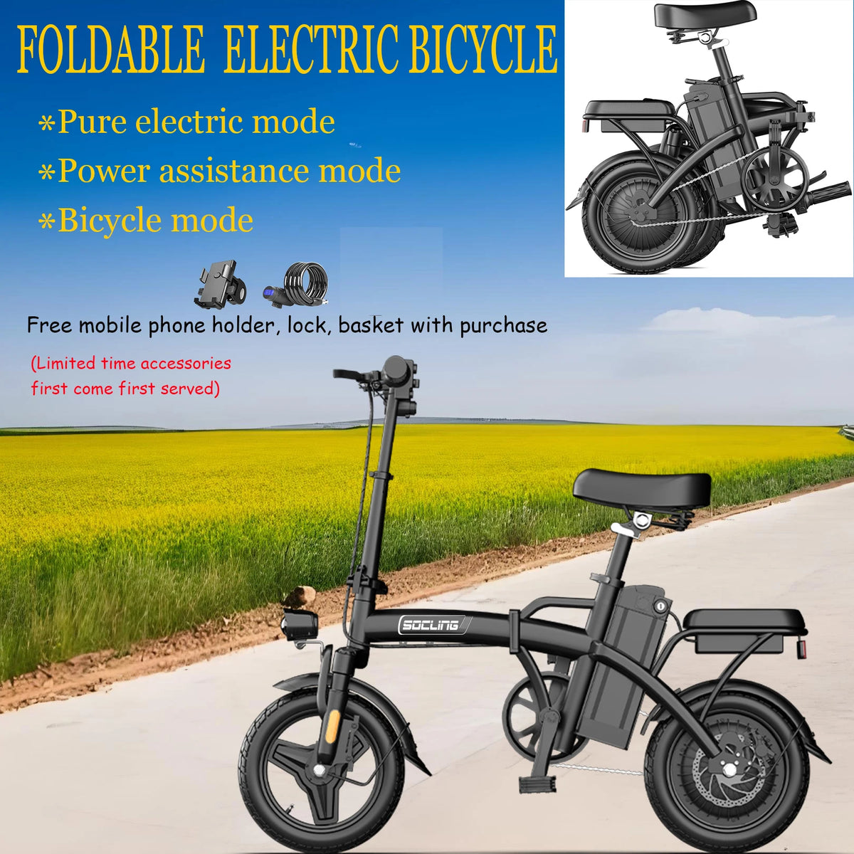 Black E-Bike, Foldable Ebike, 500W Motor, Detachable Battery,Max Load 330LBS, 19.9MPH Top Speed, 14*2 All-Terrain Tires，Bright Headlight 3-Riding Modes 6-Hour Charging Time, City Commuter Bike, Front Shock Absorptions/Full