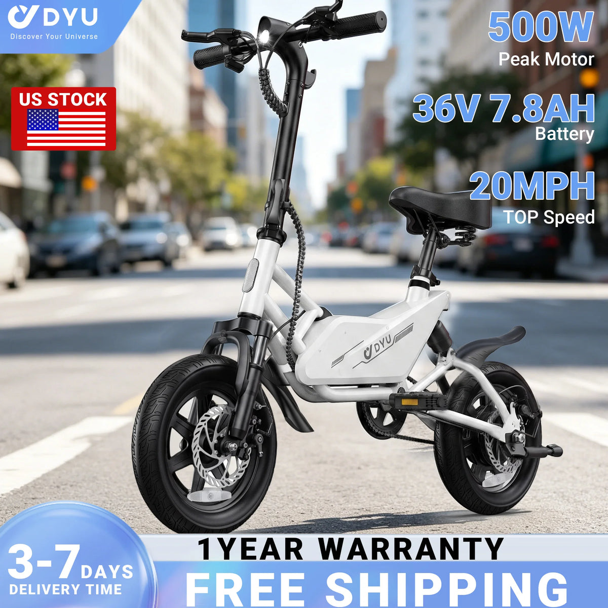 DYU X1 14” Folding Electric Bike Mini E-Bike 500W Peak 20MPH 36V 7.8AH Battery Compact City Commuter Electric Bicycle Style