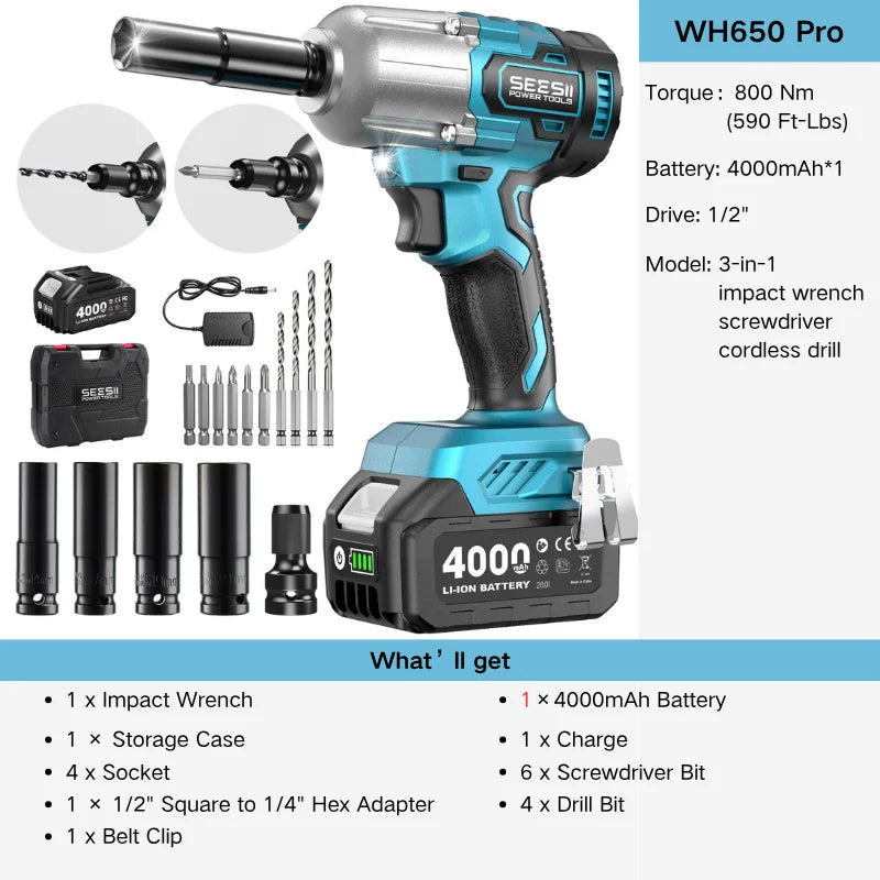 Seesii WH650 Pro 3-in-1 Impact Wrench & Screwdriver & Cordless Drill 1/2" High Torque 590 Ft-Lbs (800 N.M) Brushless Impact Gun 4.0 Battery 4 Sockets 4 Drill Bits High Torque Power Impact Driver for Car Home