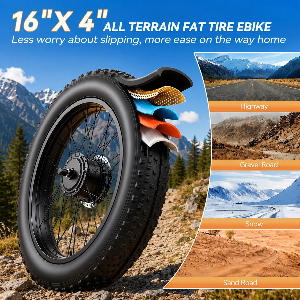 IKINGI S6pro 1000W Peak Electric Moped E-Bike | 48V 15Ah Lockable Battery, Full Suspension & 16x4" Fat Tires | 7-Speed All-Terrain Off-Road Electric Bicycle with LCD & IP65 Waterproof