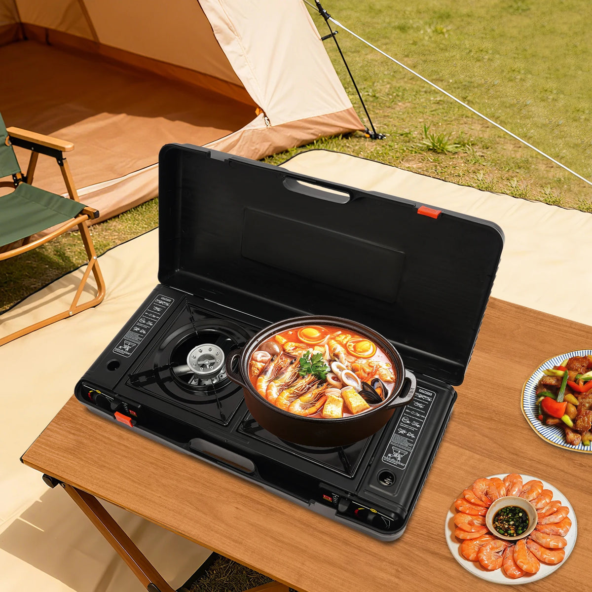 2 Burners Portable Camping Stove, Camping Stove with Baking Tray&Portable Case, 2500W Gas Stove 64*29*12cm