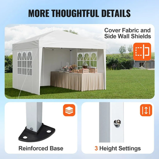10x10 FT Pop Up Canopy Portable Gazebo with 3 Sidewalls and 2 Ventilated Windows Height Adjustable Outdoor Shelter Tent in Whit