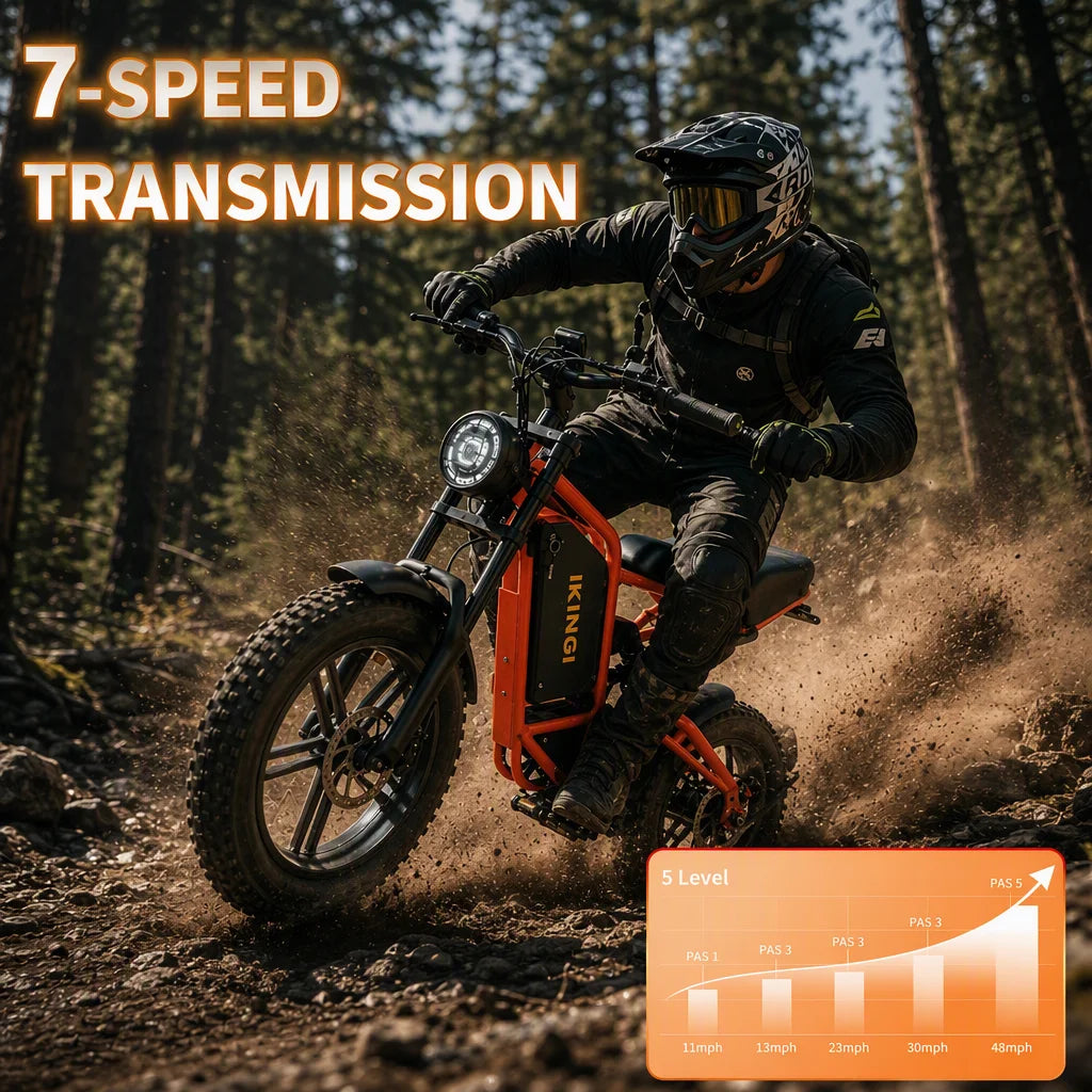 IKINGI S6pro 1000W Peak Electric Moped E-Bike | 48V 15Ah Lockable Battery, Full Suspension & 16x4" Fat Tires | 7-Speed All-Terrain Off-Road Electric Bicycle with LCD & IP65 Waterproof