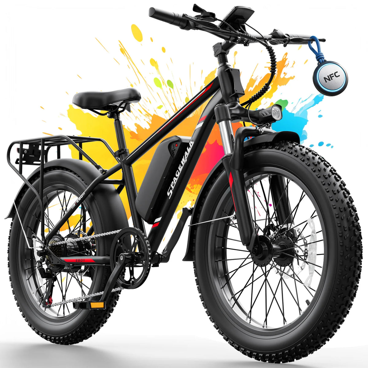 Spacewalk 1500W Peak Motor Electric Bike for Adults 26"x4.0 Fat Tire E-Bike, 48V 15Ah Removable Battery, 28MPH Fast Speed, 60 Miles Range, NFC Unlock, Front Suspension, 7-Speed Mountain Ebike with Rear Rack