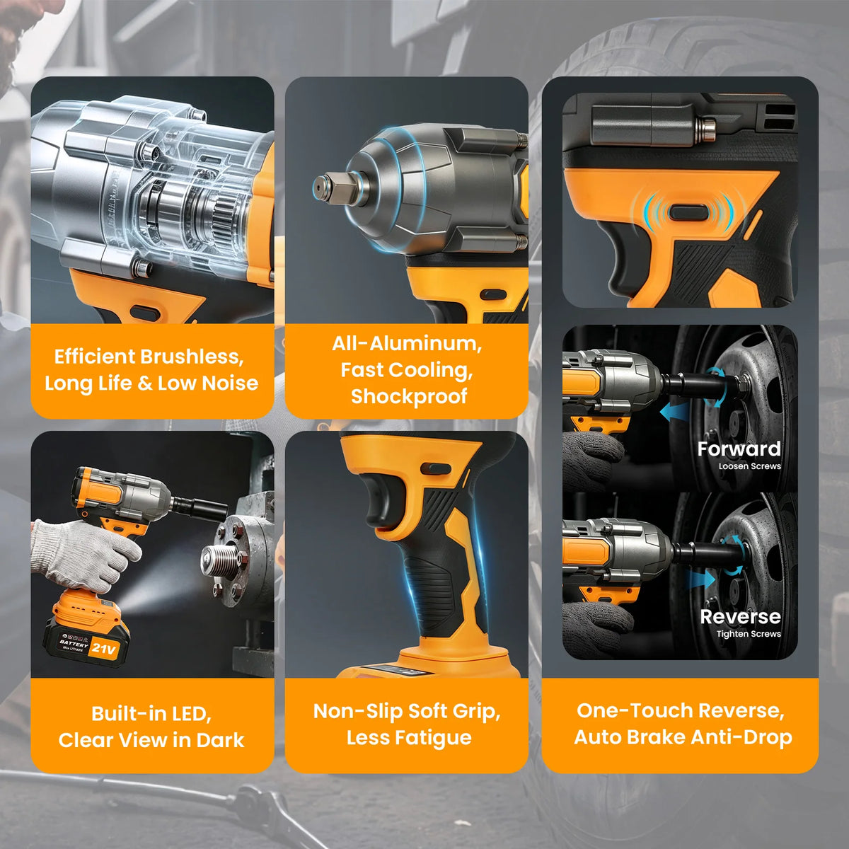 1300NM 21V 1/2" Electric Brushless Impact Wrench High Torque Tire & Suspension Removal Kit 3-Speed Control 2 x 4.0Ah Batteries Charger Lightweight Professional Power Tool
