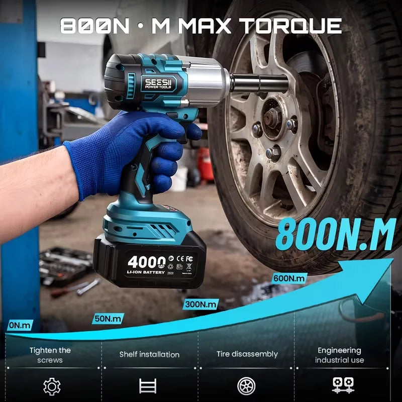 Seesii WH650 Pro 3-in-1 Impact Wrench & Screwdriver & Cordless Drill 1/2" High Torque 590 Ft-Lbs (800 N.M) Brushless Impact Gun 4.0 Battery 4 Sockets 4 Drill Bits High Torque Power Impact Driver for Car Home