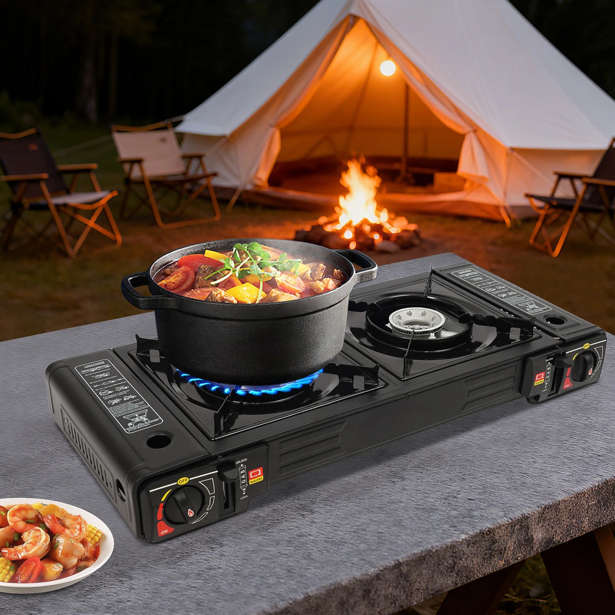 2 Burners Portable Camping Stove, Camping Stove with Baking Tray&Portable Case, 2500W Gas Stove 64*29*12cm