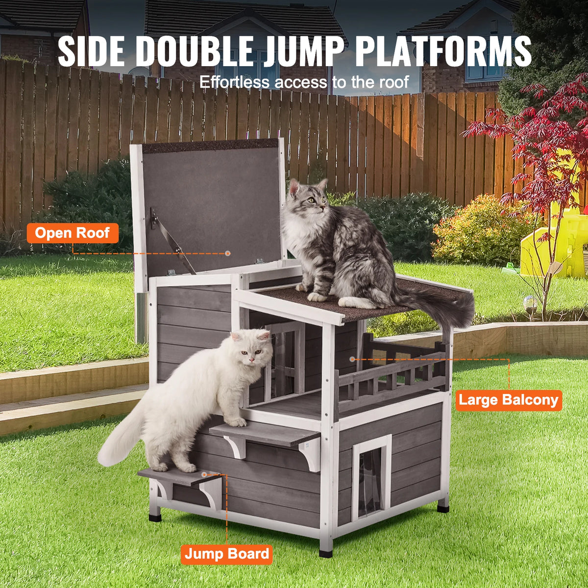 VEVOR Outdoor Cat House Weatherproof Feral Cat Shelter 2-story Large Outdoor Wooden Cat House with Balcony Door and Open Roof