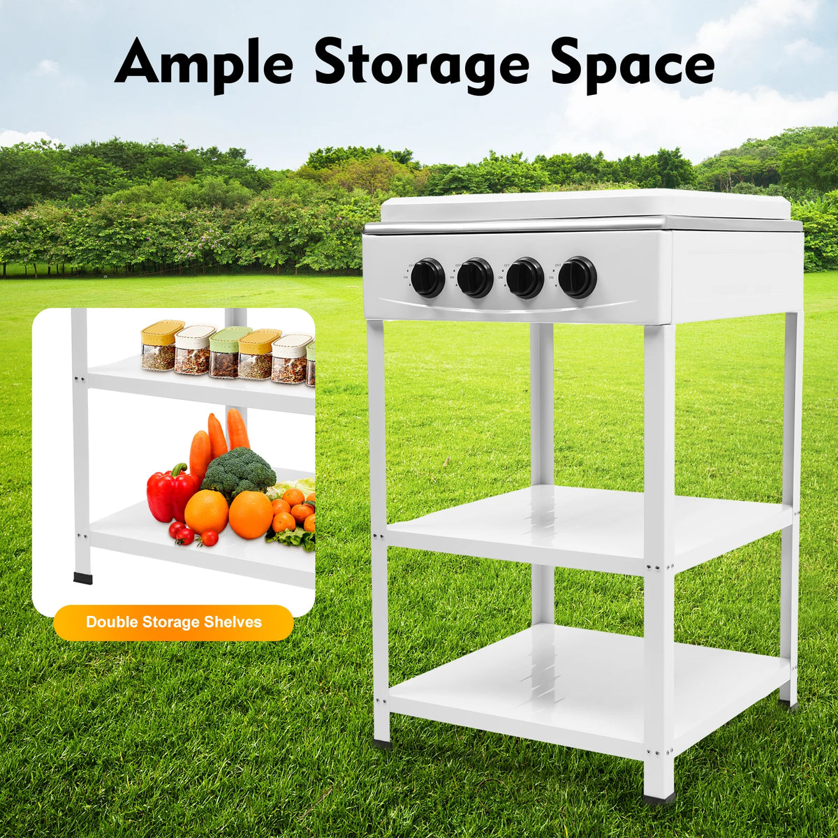 4 Burner Gas Stove Portable Outdoor Stove W/ Wind Blocking Cover Ng/Lpg Gas Stove White with 2 Storage Shelves 19.3*19.3*31.1in