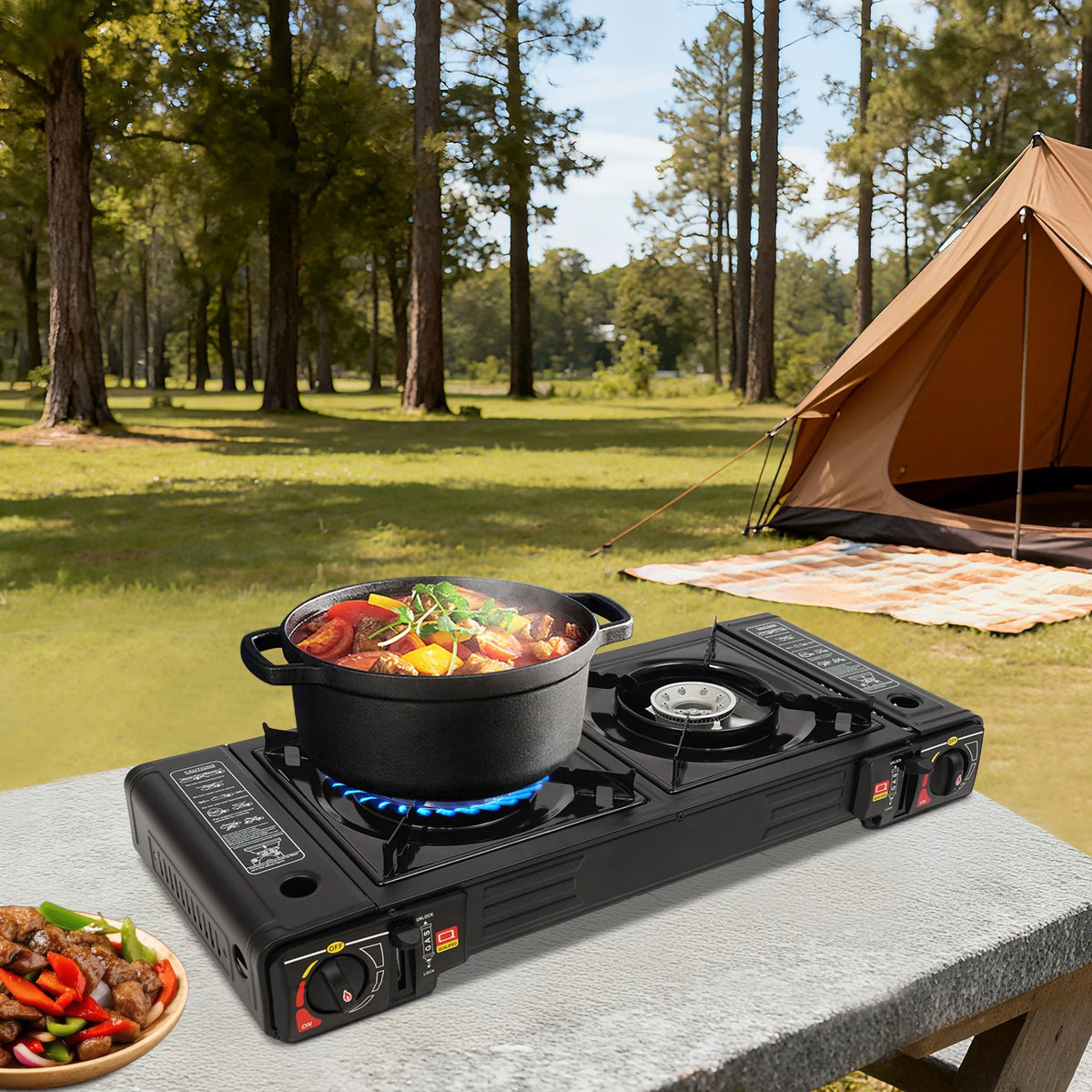 2 Burners Portable Camping Stove, Camping Stove with Baking Tray&Portable Case, 2500W Gas Stove 64*29*12cm
