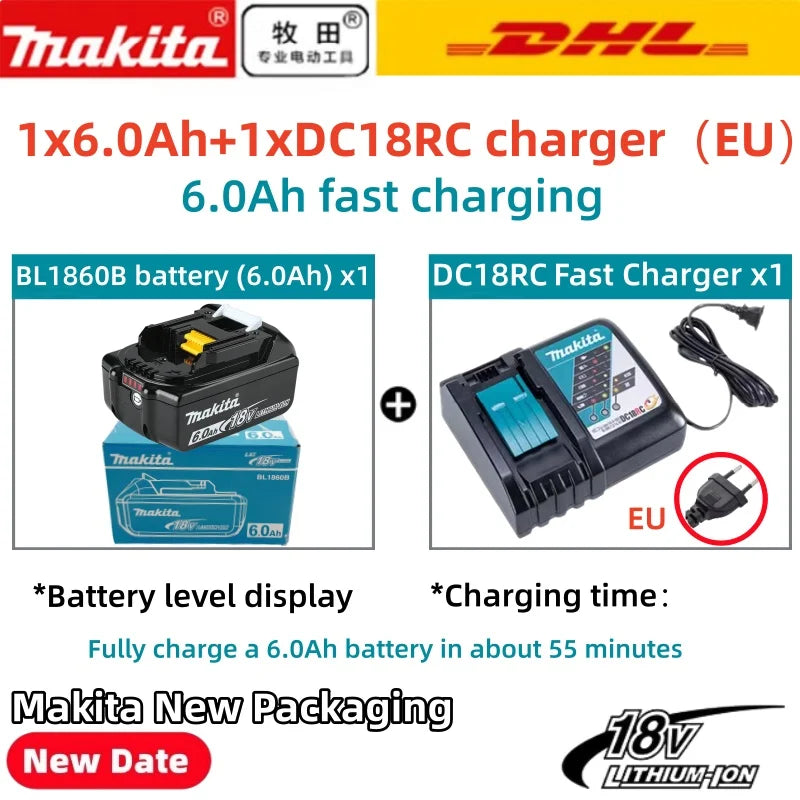 100% Original Makita Battery, 18V 6.0Ah Rechargeable Battery, Replacing Makita BL1830B L1840B L1850B L1860B, Power Tool Battery