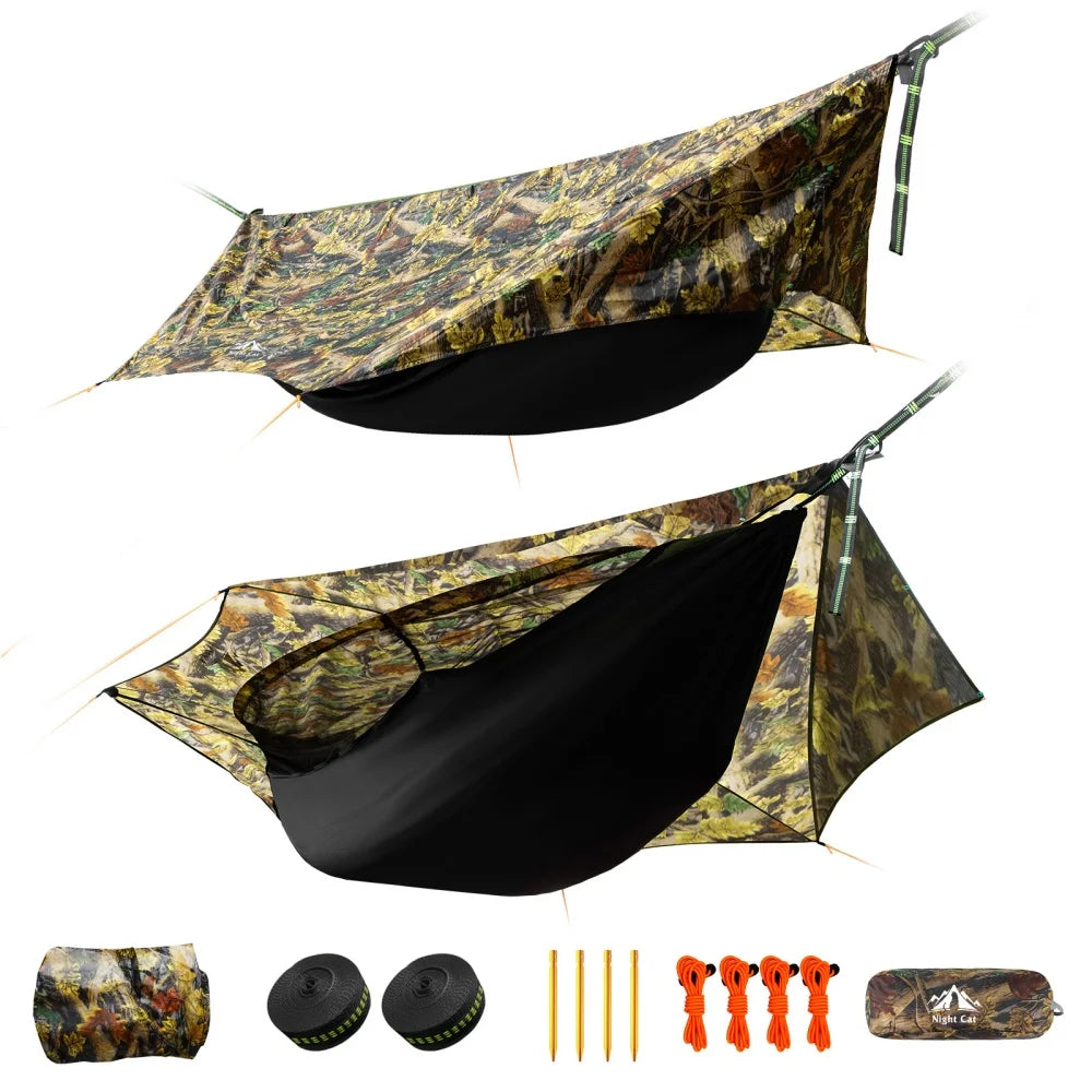 Night Cat Camping Hammock Tent For 1 Person: Lightweight Portable 4 in 1 Hammock with Rain Tarp and Mosquito Net for Adults Hiking Jungle Outdoor