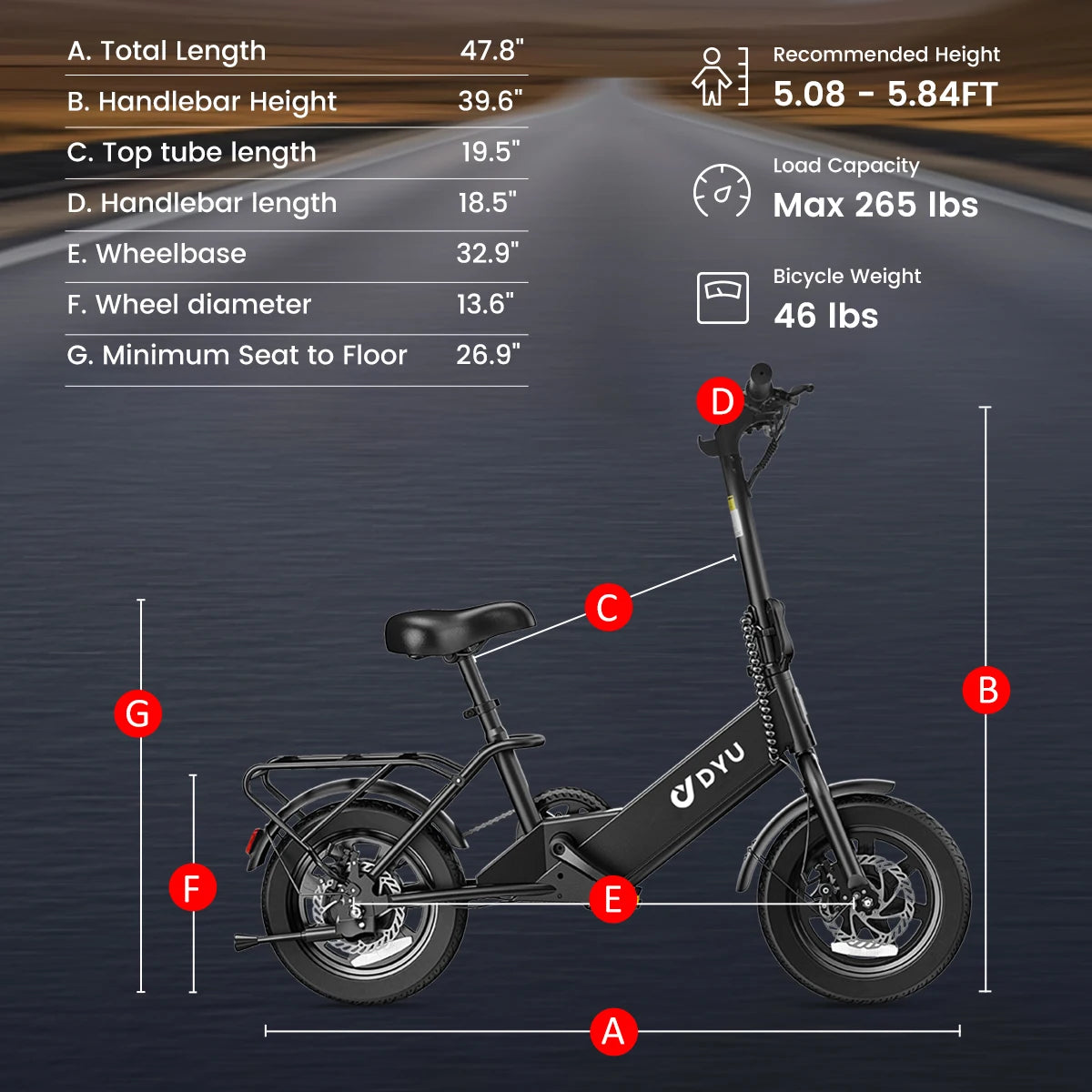 DYU C3 E-bike Peak 500W Motor 36V7.8AH Battery Electric Bike,20mph 14 inch City Electric Bicycle UL2849