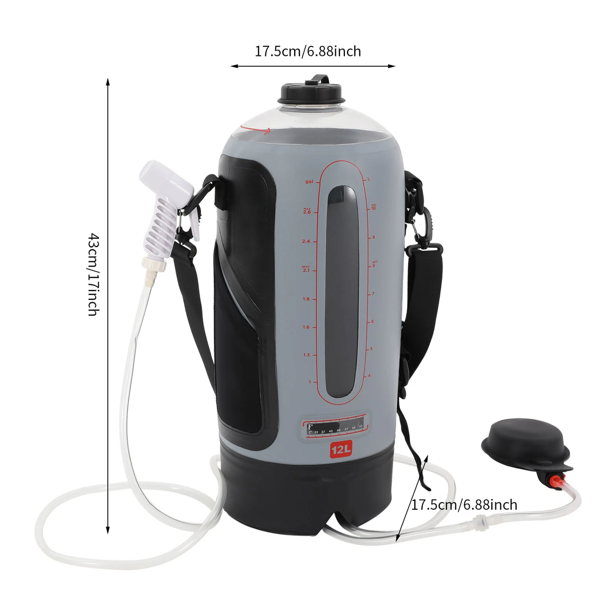 3 Gallon Solar Heating Portable Pressure Camp Shower PVC Seamless Pressurized Shower Bag Hand Air Pump 6.23ft Hose Scale Design