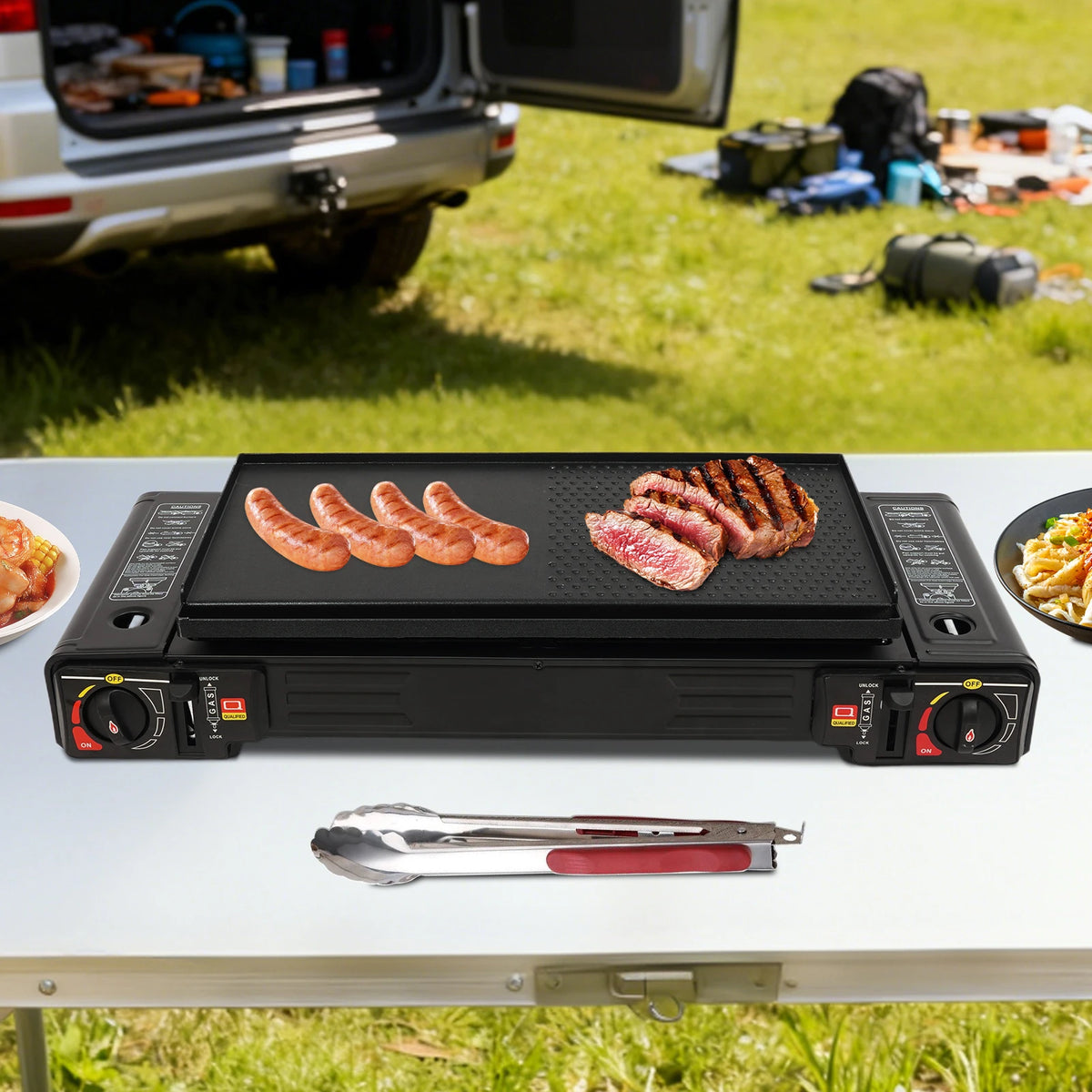 2 Burners Portable Camping Stove, Camping Stove with Baking Tray&Portable Case, 2500W Gas Stove 64*29*12cm