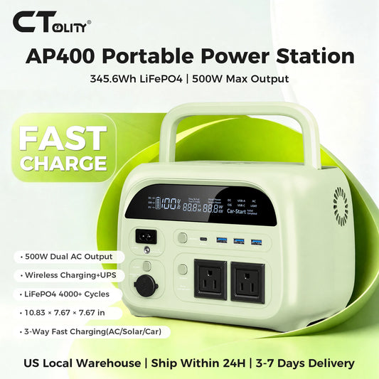 CTOLITY 500W Portable Power Bank, AP400 108000mAh Power Station, UPS Emergency Backup Generator with LiFePO4 Battery, 150W Solar/AC Charging, Wireless Charging for Home RV Outage