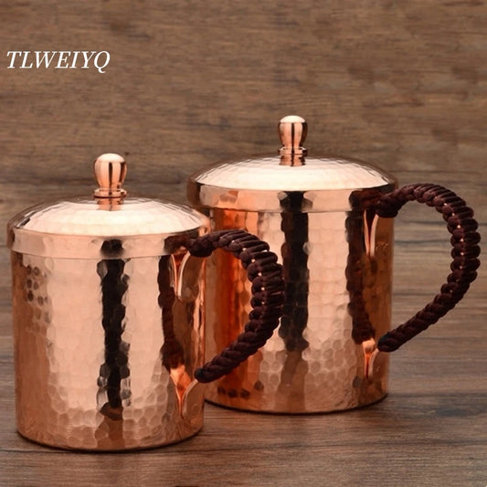 Vintage Coffee Mug,With lid 550 ml for Home Tea Copper Cup,Handcrafted Carving Hammer Texture Camping Cold Drink Cup Drinkware
