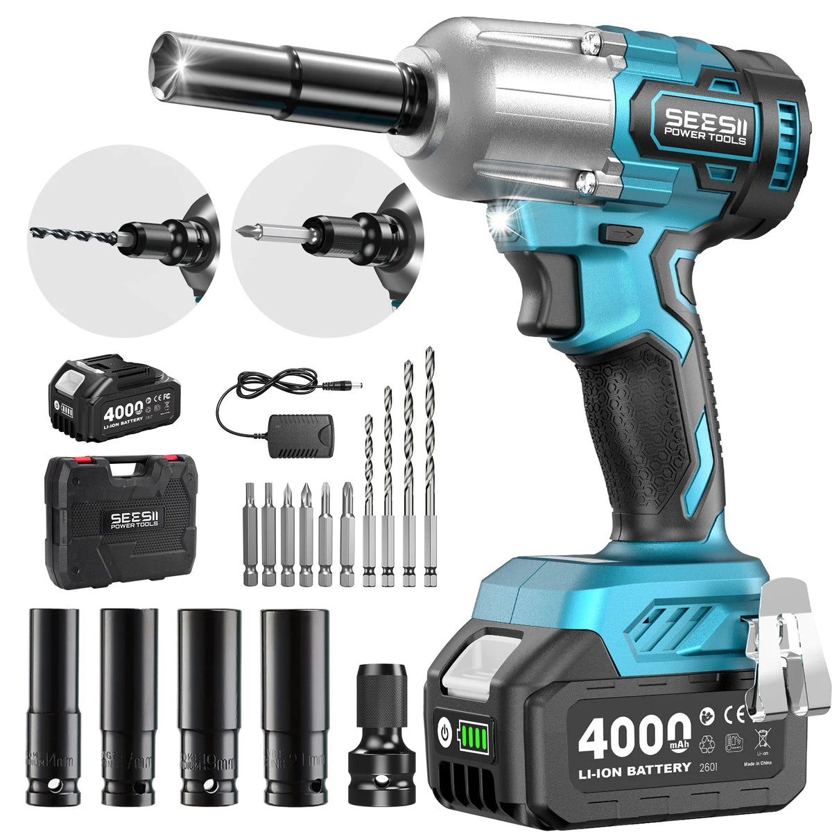 Seesii WH650 Pro 3-in-1 Impact Wrench & Screwdriver & Cordless Drill 1/2" High Torque 590 Ft-Lbs (800 N.M) Brushless Impact Gun 4.0 Battery 4 Sockets 4 Drill Bits High Torque Power Impact Driver for Car Home