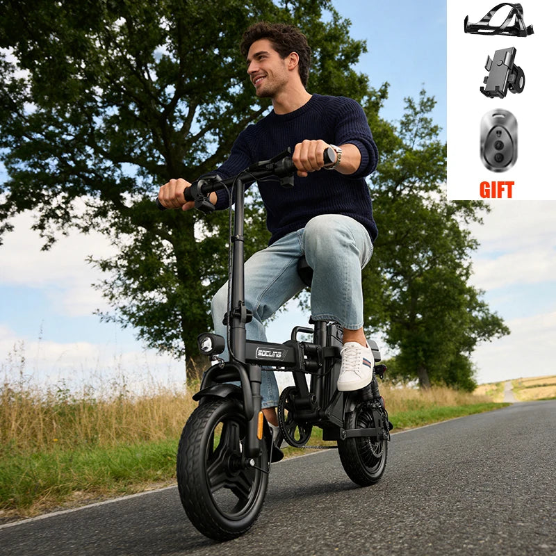 Black E-Bike, Foldable Ebike, 500W Motor, Detachable Battery,Max Load 330LBS, 19.9MPH Top Speed, 14*2 All-Terrain Tires，Bright Headlight 3-Riding Modes 6-Hour Charging Time, City Commuter Bike, Front Shock Absorptions/Full