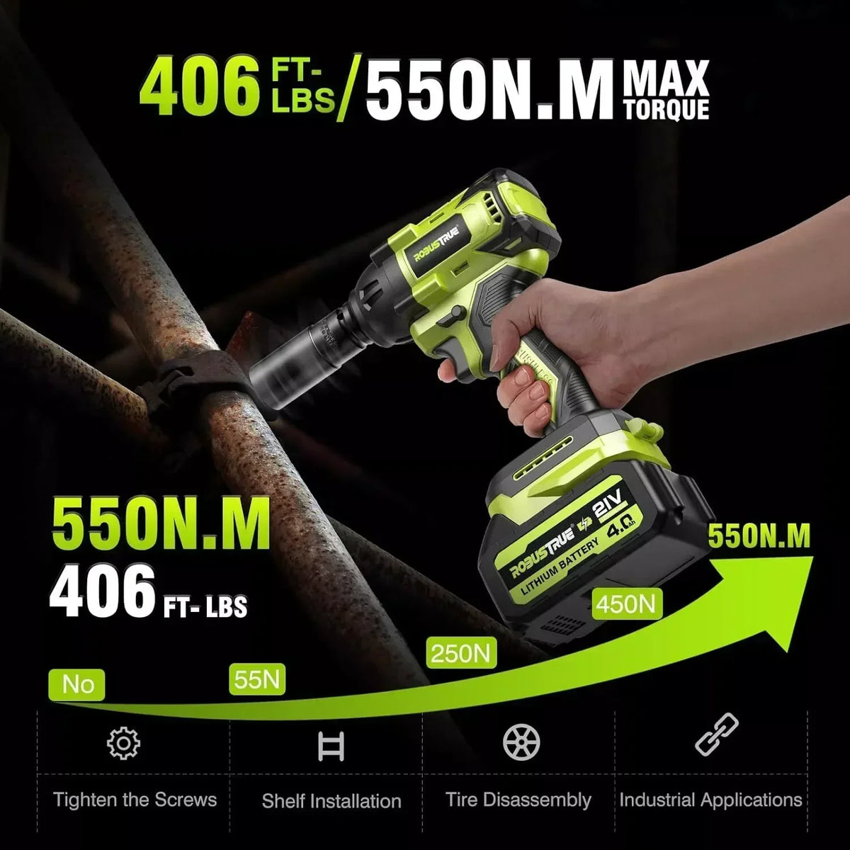 Robustrue RT550B 3-in-1 550N.m Impact Wrench & Cordless Drill & Screwdriver Brushless 2800RPM High Torque Impact Gun Car Power Tools with 4.0Ah Battery