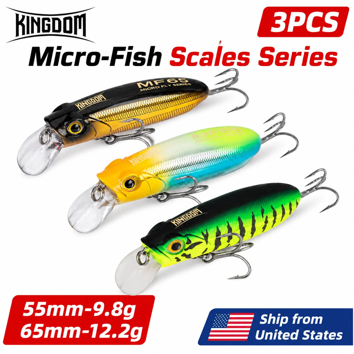KINGDOM 3PCS Micro-Fish Scales Series Crankbait Lures, Mini Fishing Lure 55mm/65mm Lightweight Hard Bait with Realistic Scale Pattern, Floating Slow Sinking Minnow Baits for Bass Trout Freshwater Fishing