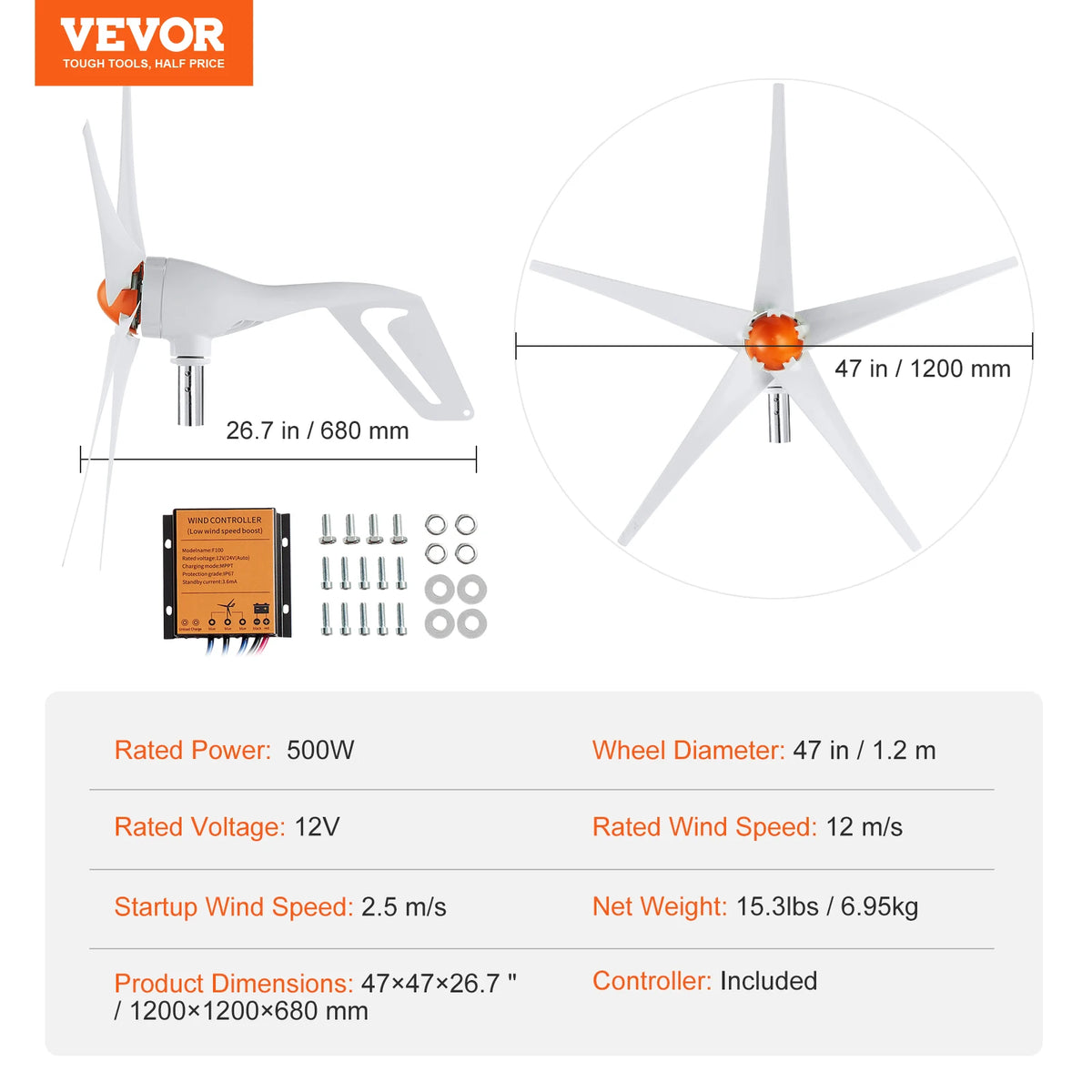 SucceBuy Wind Turbine Generator 12V 500W/800W Wind Turbine Wind Power Generator with MPPT Controller Suitable for Home Farm RVs