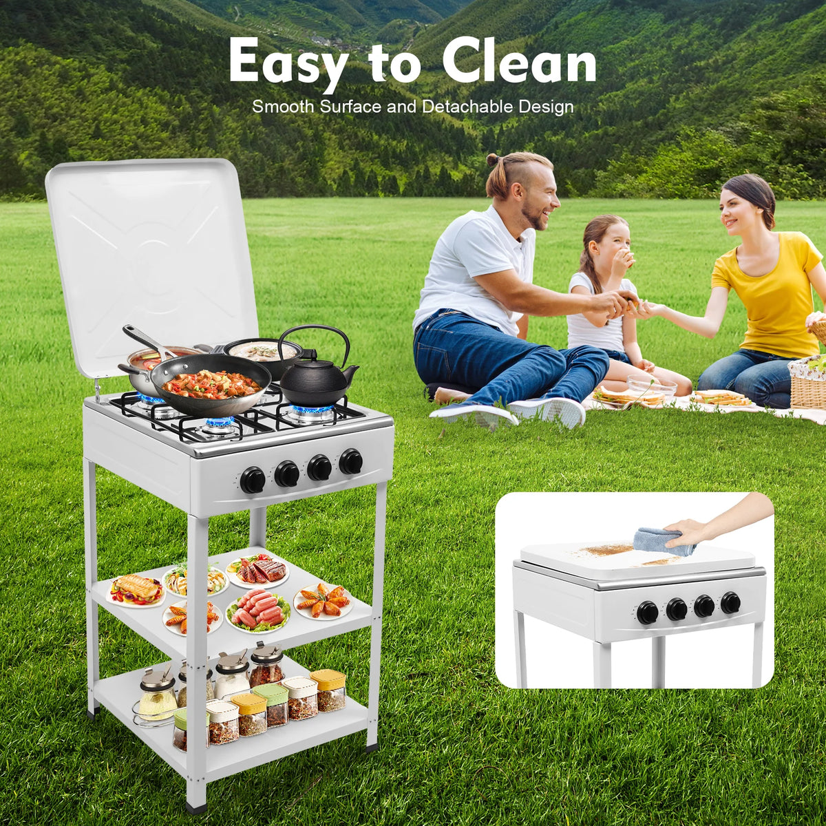 4 Burner Propane Camping Stove,Removable Smokeless Barbecue Grill, Gas Stoves for Tailgating, Camping, BBQ