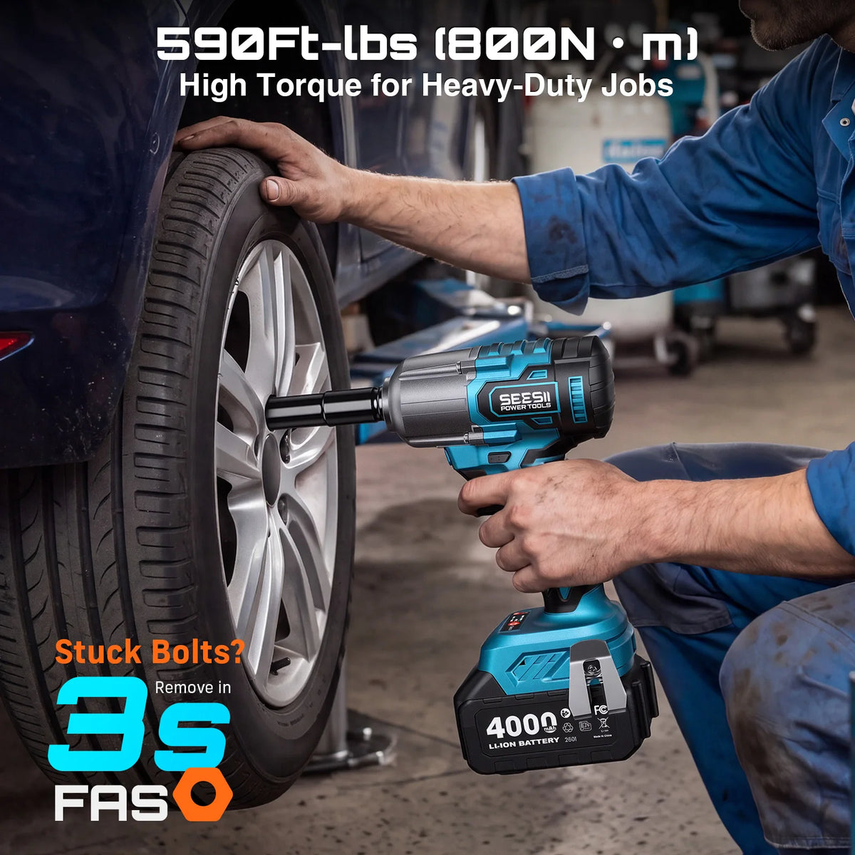 Seesii WH650 Pro 3-in-1 Impact Wrench & Screwdriver & Cordless Drill 1/2" High Torque 590 Ft-Lbs (800 N.M) Brushless Impact Gun 4.0 Battery 4 Sockets 4 Drill Bits High Torque Power Impact Driver for Car Home