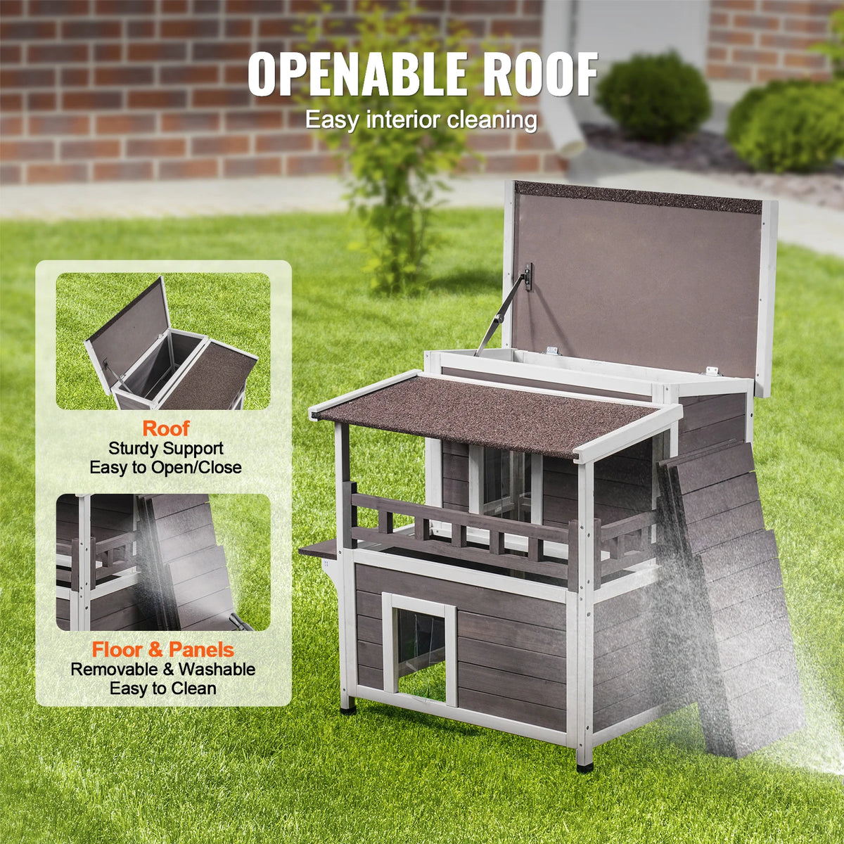 VEVOR Outdoor Cat House Weatherproof Feral Cat Shelter 2-story Large Outdoor Wooden Cat House with Balcony Door and Open Roof