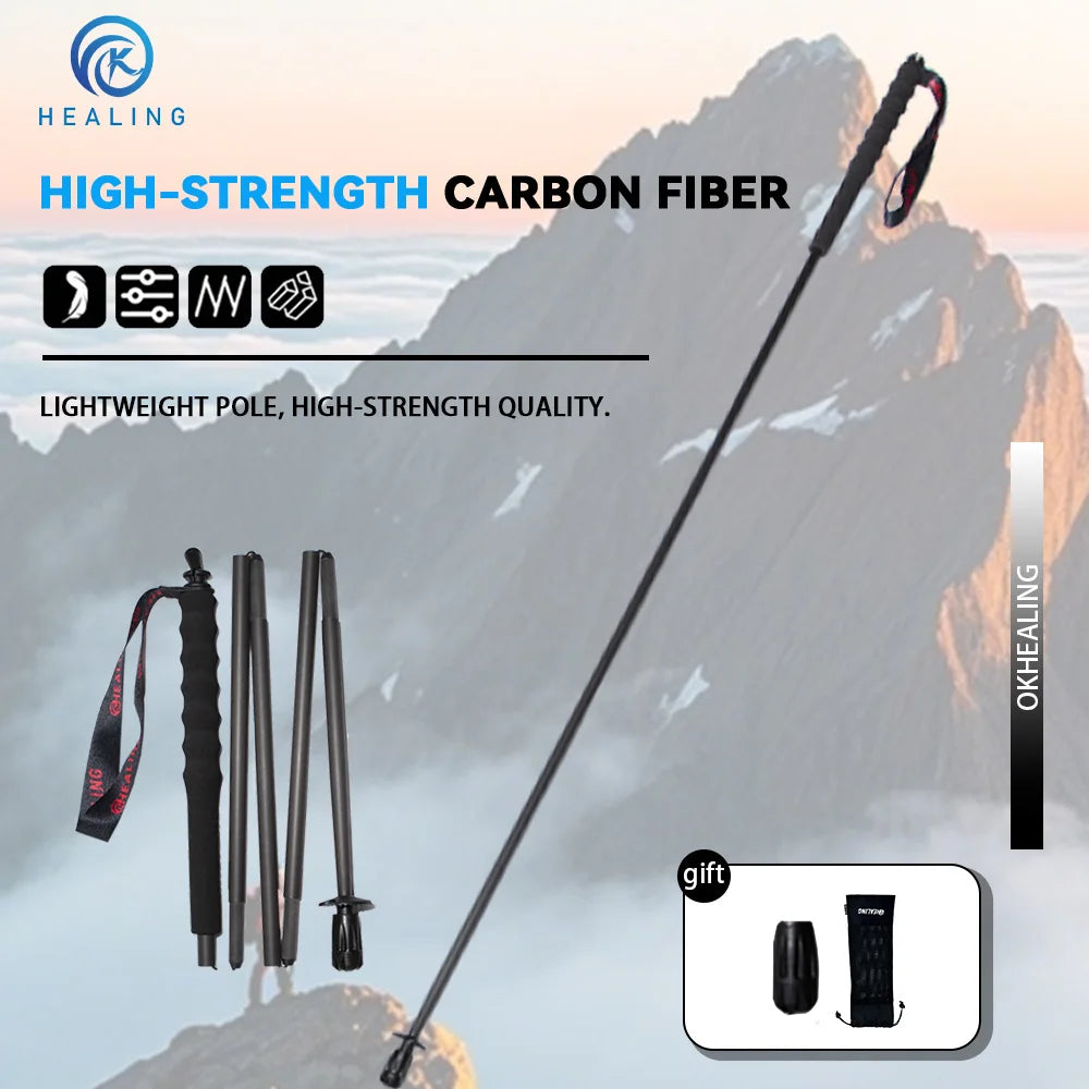 OKHEALING 110g Ultra-Light 5-Section Foldable Carbon Fiber Trekking Poles Portable Outdoor Hiking Walking Sticks
