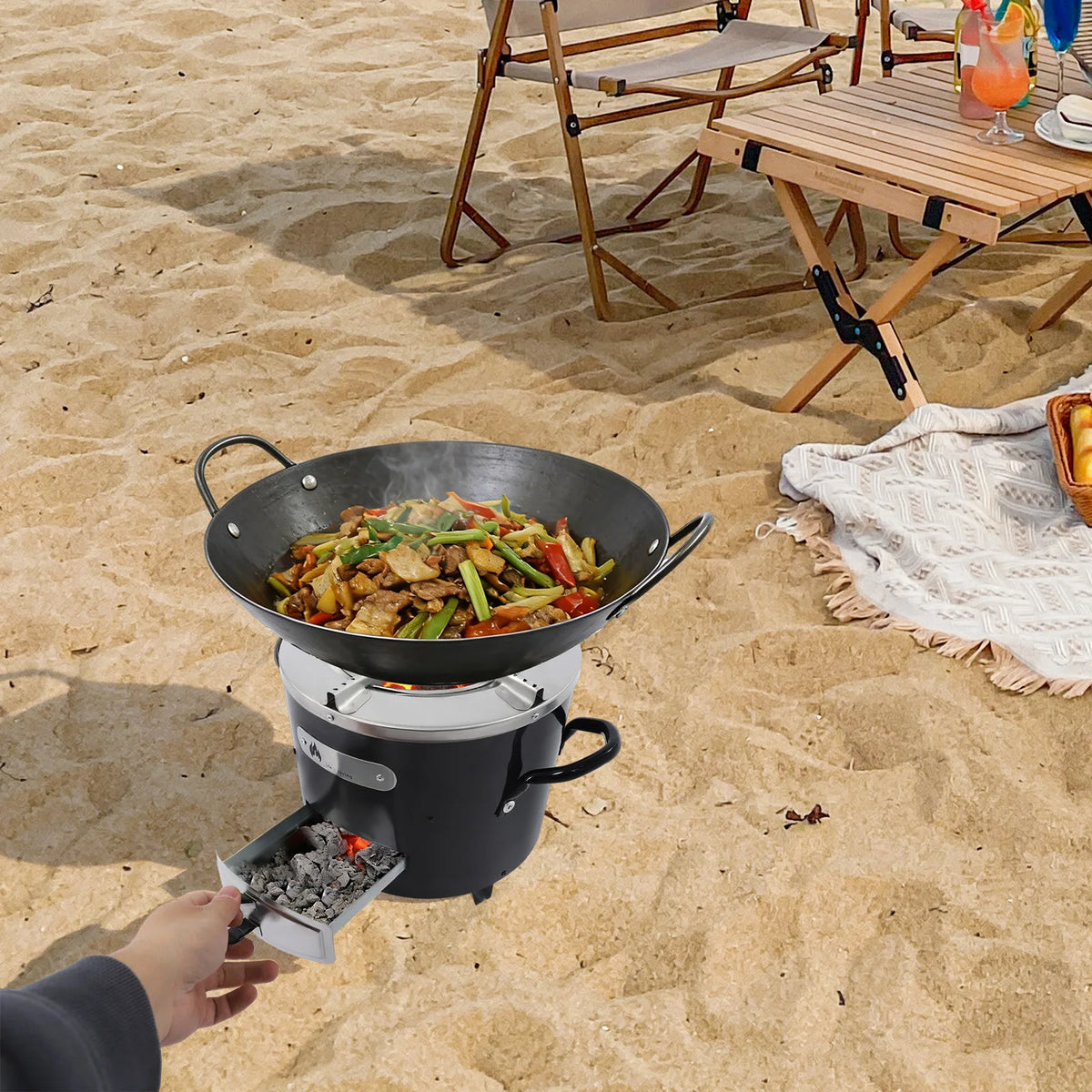 Outdoor Camping Charcoal Stove, Portable Stainless Steel Wood Stove with Removable Ash Tray for BBQ Hiking Backpacking